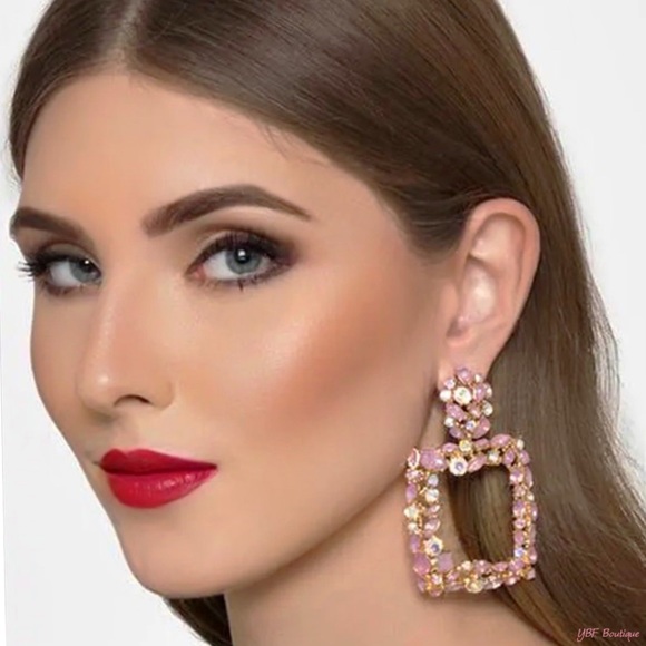 New Pink & Gold Rhinestone Floral Statement Post Fashion Earrings - Picture 7 of 7